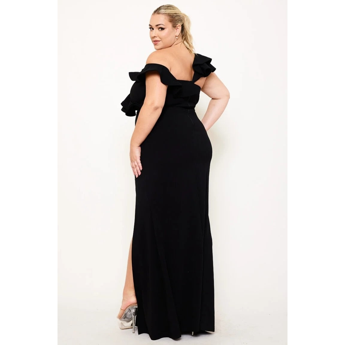 DOUBLE RUFFLE ONE SHOULDER PLUS SIZE MAXI DRESS