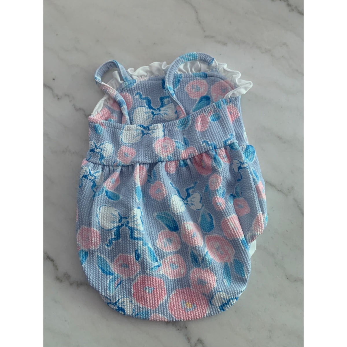 Baby Girls Floral Sleeveless Romper With Ruffle Details Snap Closure Blue & Pink
