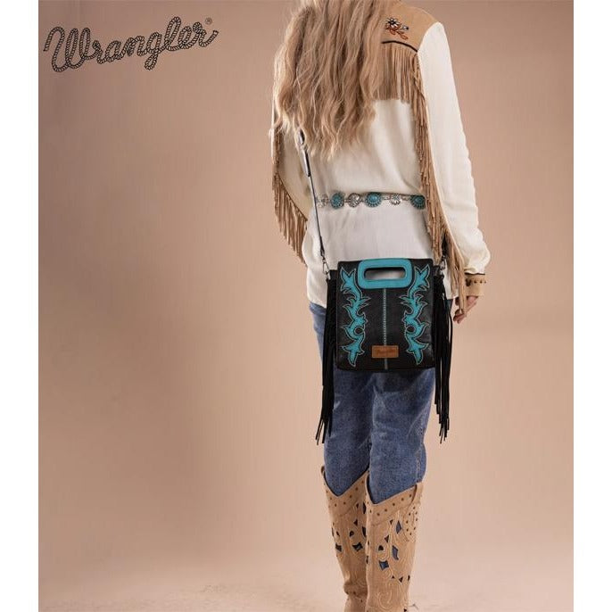 WG193-2003 Wrangler Top Handle Boot Scroll Fringe Tote/Crossbody -Black