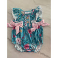 Baby Floral Ruffle Romper With Lace Trim & Pink Bow Detail 3-6M Polyester & Spandex Blue & Pink Design