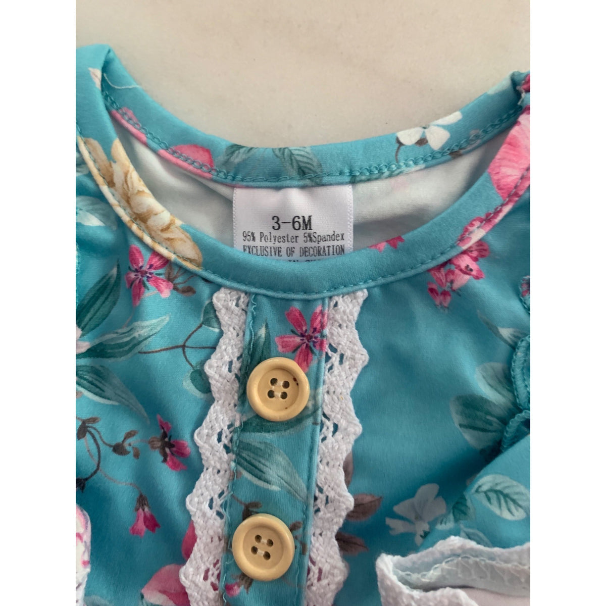 Baby Floral Ruffle Romper With Lace Trim & Pink Bow Detail 3-6M Polyester & Spandex Blue & Pink Design
