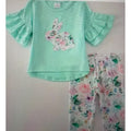 Charming Girls Bunny Embroidered Cotton Flounce Top & Floral Crop Pant
