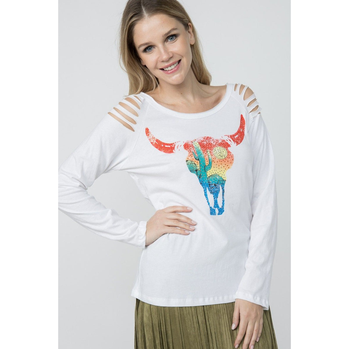 LASER CUT LONG SLEEVE TOP WITH BULL HEADS PRINT