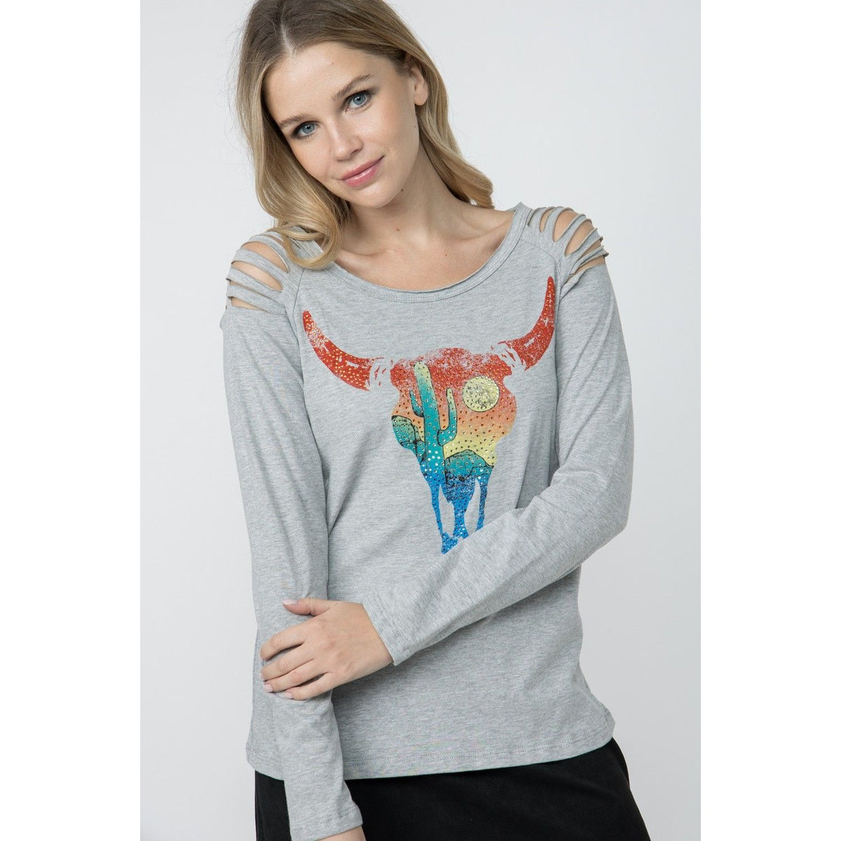 LASER CUT LONG SLEEVE TOP WITH BULL HEADS PRINT