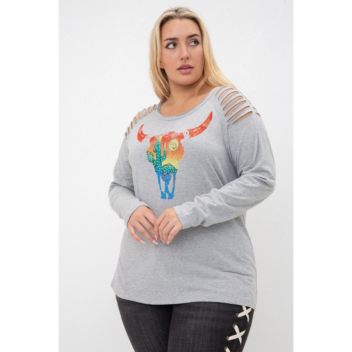 LASER CUT LONG SLEEVE TOP WITH BULL HEADS PRINT