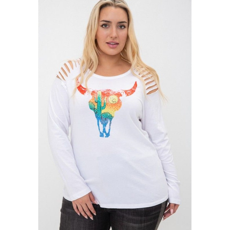 LASER CUT LONG SLEEVE TOP WITH BULL HEADS PRINT