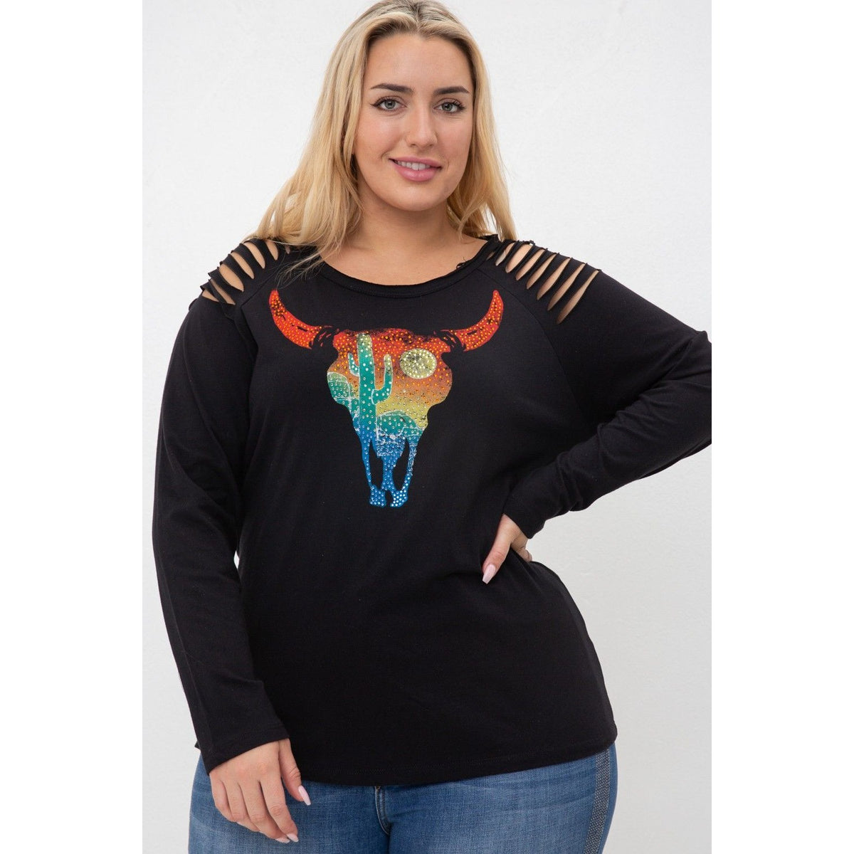 LASER CUT LONG SLEEVE TOP WITH BULL HEADS PRINT