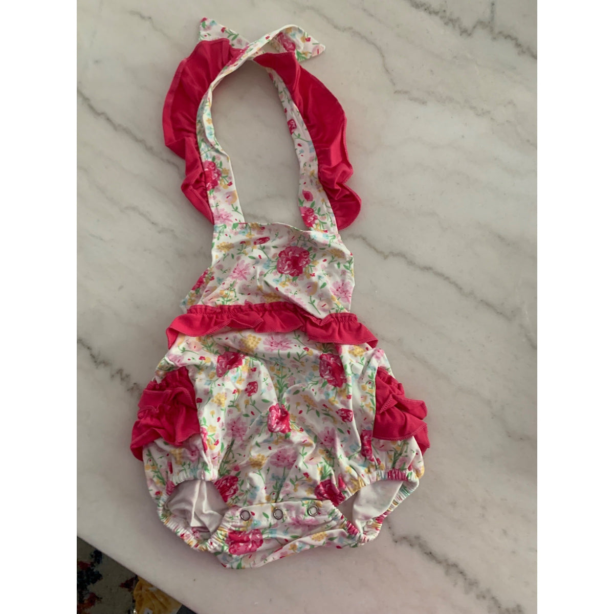 Baby Girls Floral & Strawberry Print Ruffled Halter Rompers Adjustable Straps Soft Cotton Blend Size 6-12M