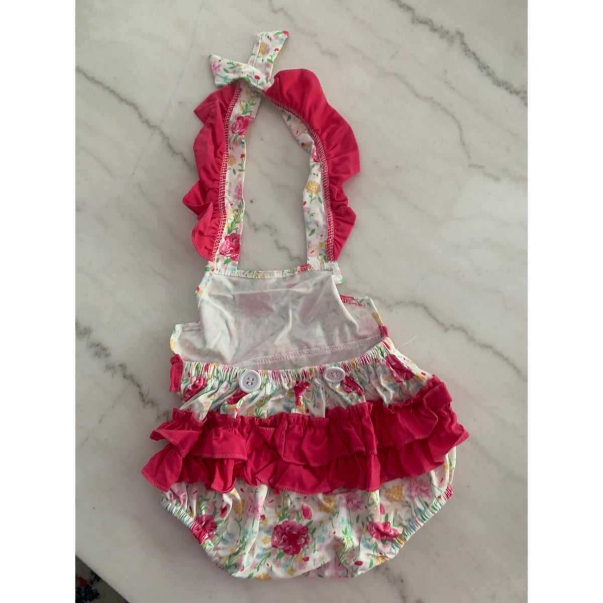 Baby Girls Floral & Strawberry Print Ruffled Halter Rompers Adjustable Straps Soft Cotton Blend Size 6-12M