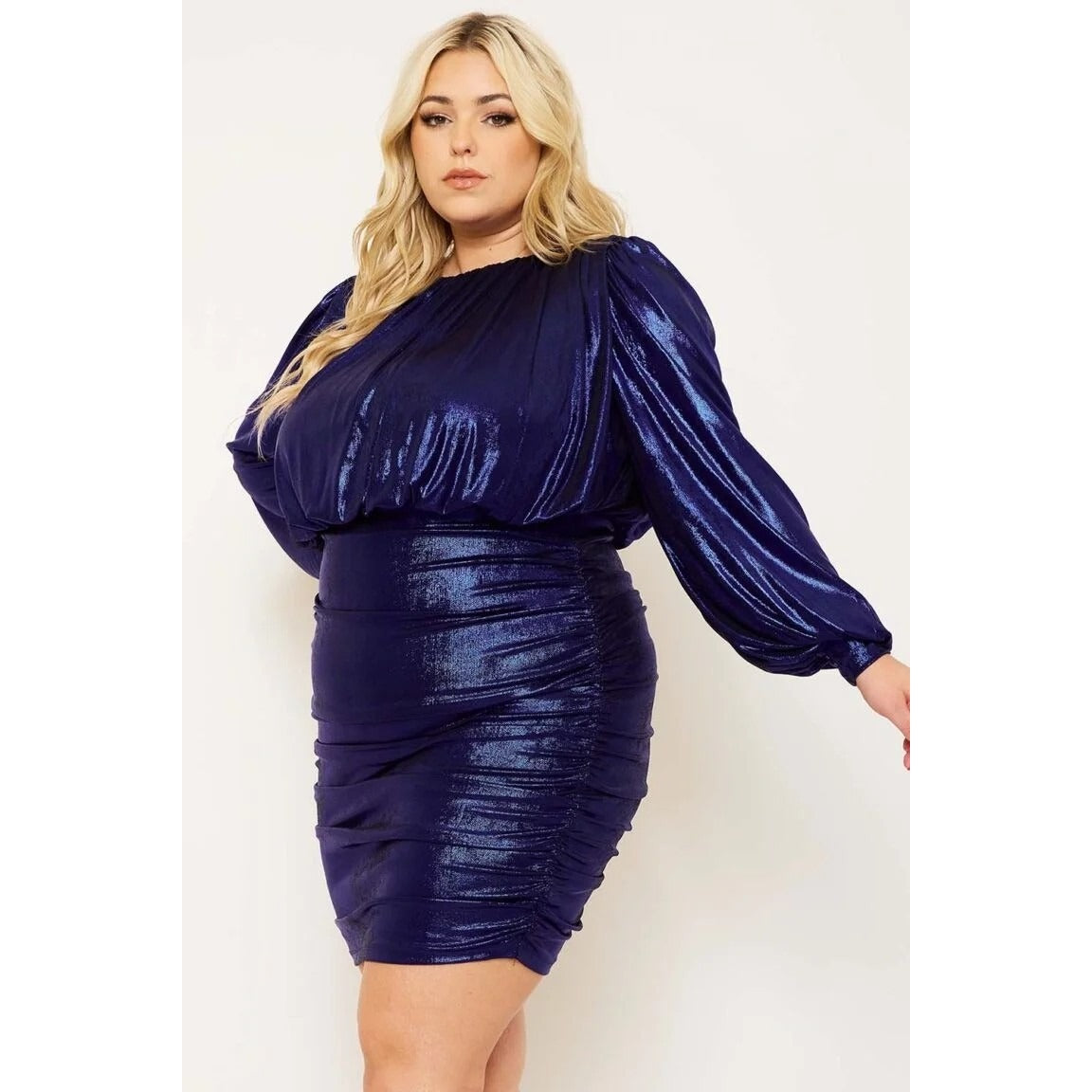 METALLIC FOIL PLEATED PLUS SIZE MINI DRESS