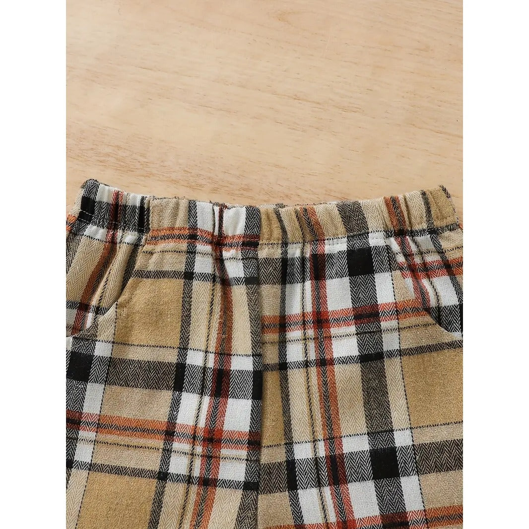 Baby's Plaid Pattern Summer Casual Outfit, Short Sleeve Golf Shirt & Shorts,