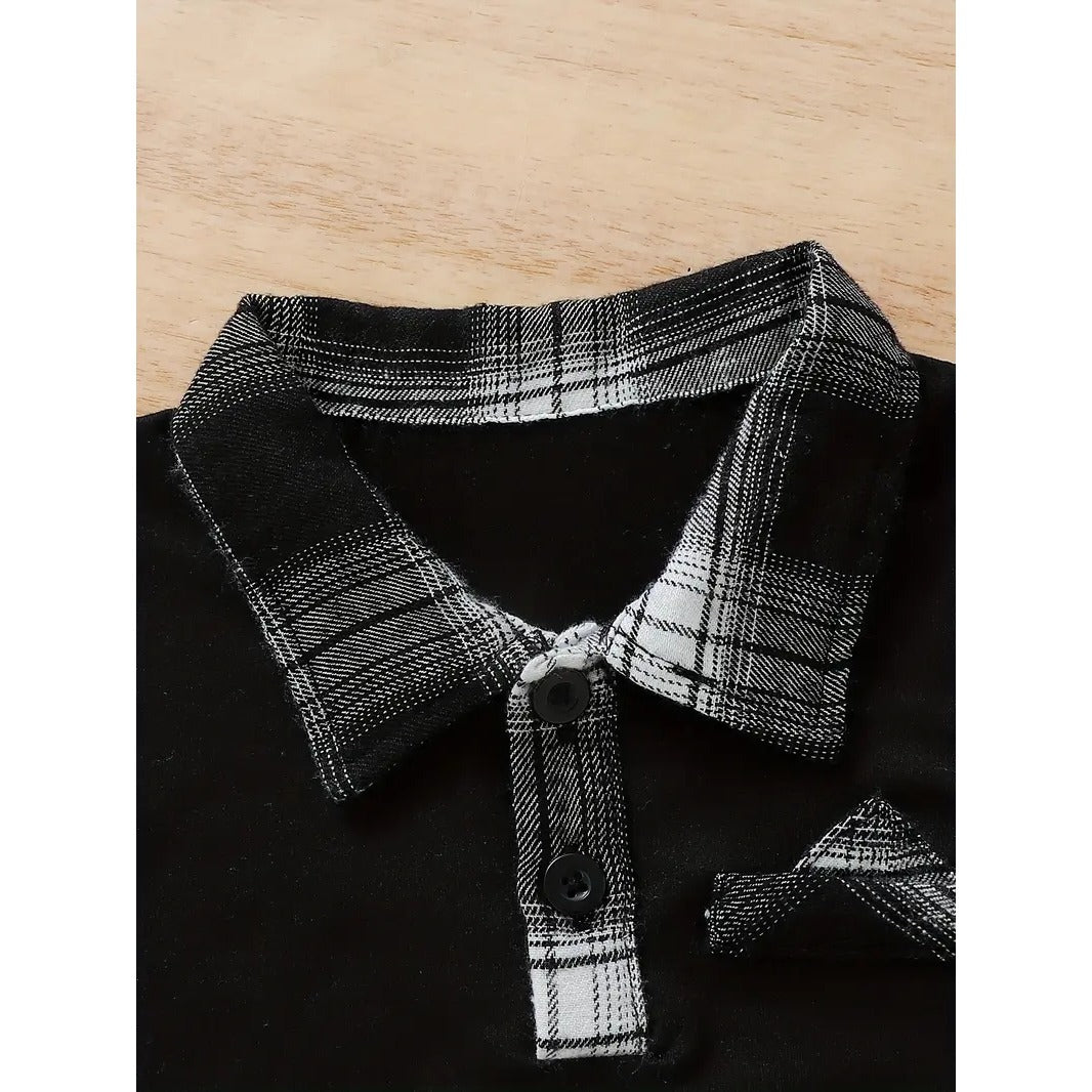 Baby's Plaid Pattern Summer Casual Outfit, Short Sleeve Golf Shirt & Shorts,