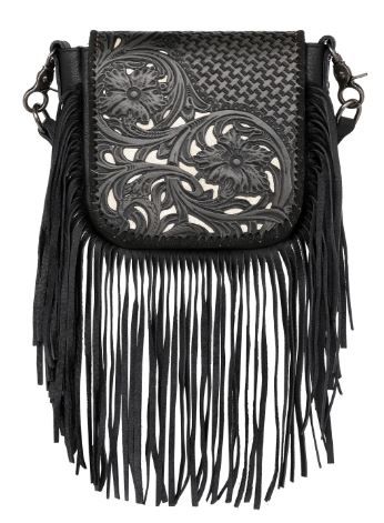 RLC- -BR Montana West Genuine Leather Tooled Collection Fringe Crossbody