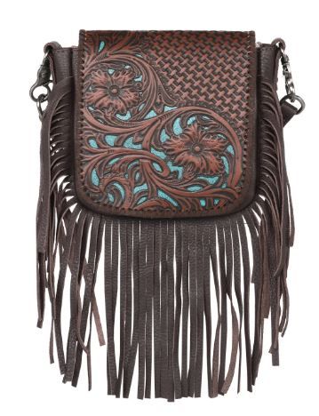 RLC- -BR Montana West Genuine Leather Tooled Collection Fringe Crossbody