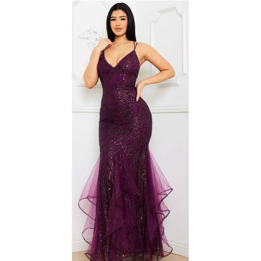 IDM9467SP – GLUED GLITTER SWIRL PATTERNED MAXI DRESS