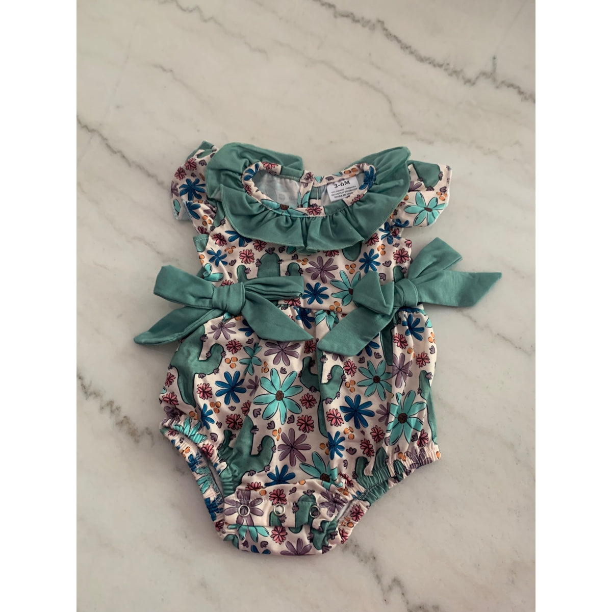 Baby Girls Cactus & Floral Print Romper With Bow Details & Ruffle Collar