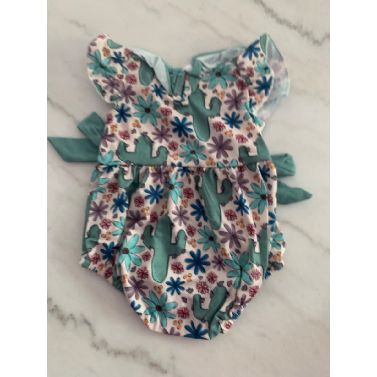 Baby Girls Cactus & Floral Print Romper With Bow Details & Ruffle Collar