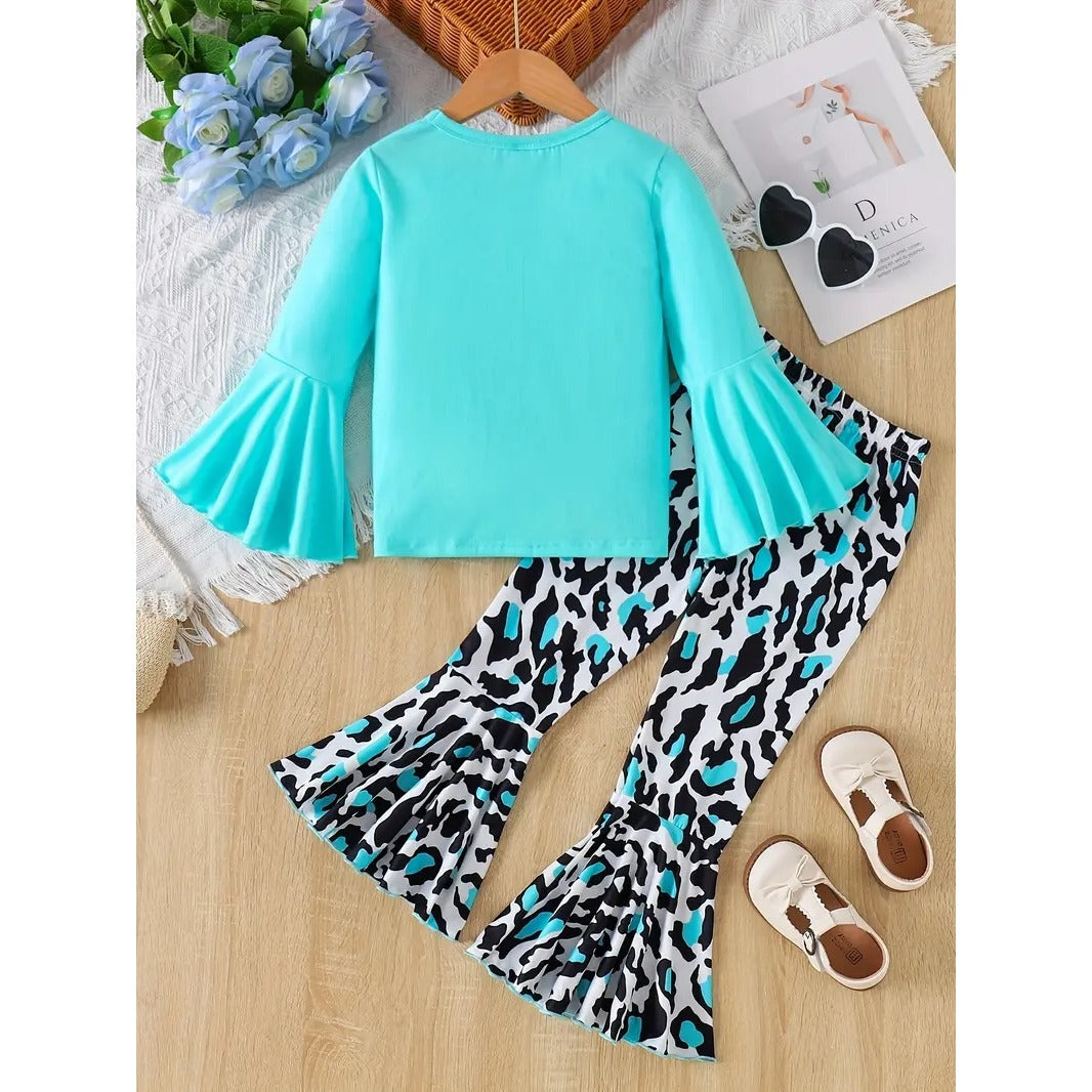 Children's Fashion Love Print Trumpet Long Sleeve T-shirt + Cow Print Trumpet Long Pants Set