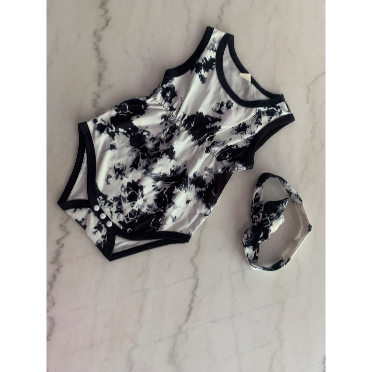 Baby Girls Tie-Dye Sleeveless Romper With Matching Headband Navy & White Size 74