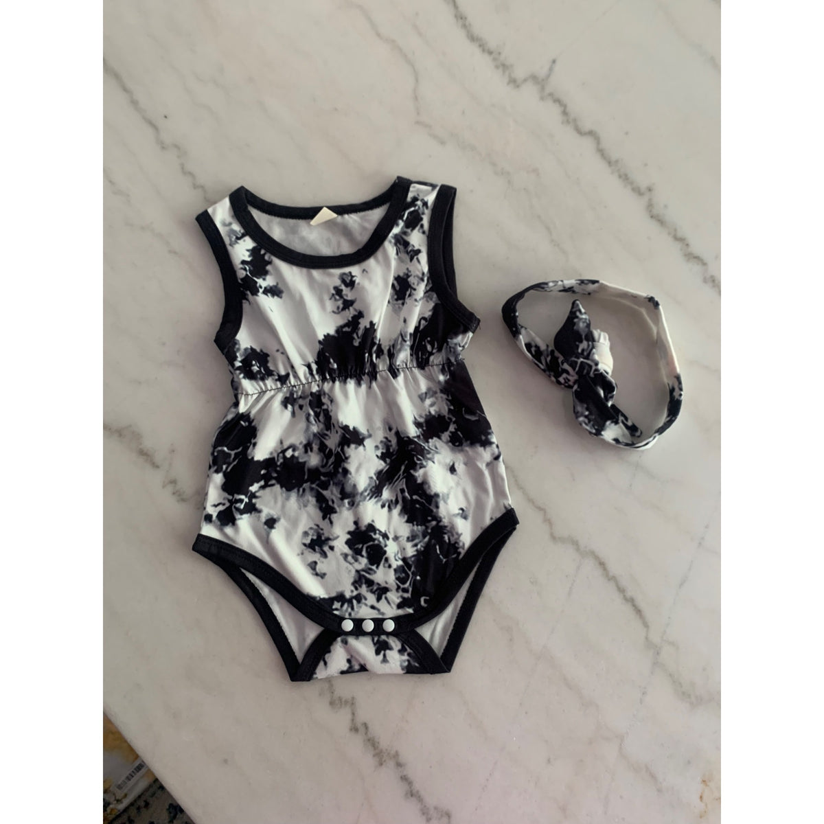 Baby Girls Tie-Dye Sleeveless Romper With Matching Headband Navy & White Size 74