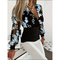 Floral Print Plunge Neck Top, Casual Long Illusion Sleeve Top For Spring & Fall, Women's Clothing
