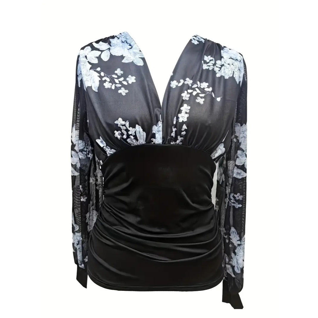 Floral Print Plunge Neck Top, Casual Long Illusion Sleeve Top For Spring & Fall, Women's Clothing
