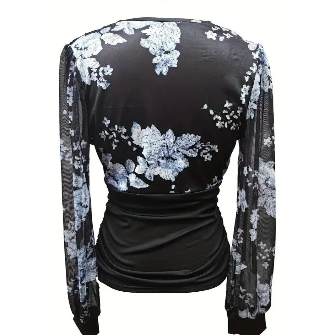 Floral Print Plunge Neck Top, Casual Long Illusion Sleeve Top For Spring & Fall, Women's Clothing