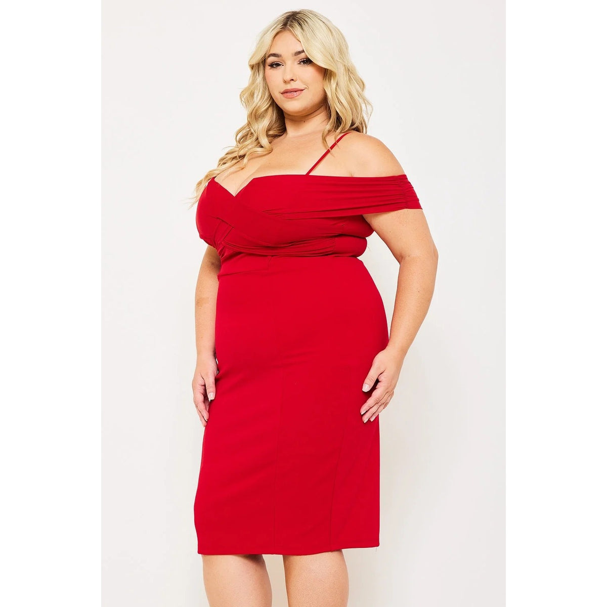 PLEATED DETAIL OPEN SHOULDER PLUS SIZE MINI DRESS SWEETHEART NECK