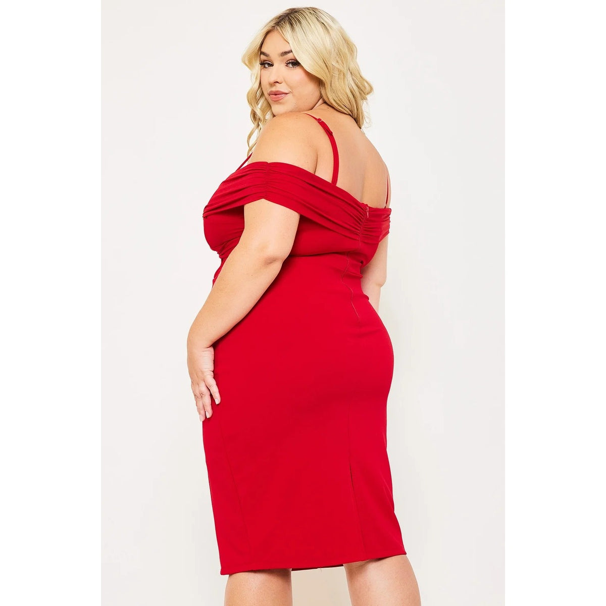 PLEATED DETAIL OPEN SHOULDER PLUS SIZE MINI DRESS SWEETHEART NECK