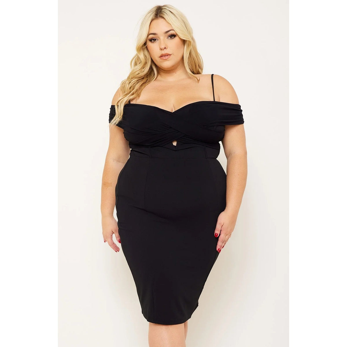 PLEATED DETAIL OPEN SHOULDER PLUS SIZE MINI DRESS SWEETHEART NECK