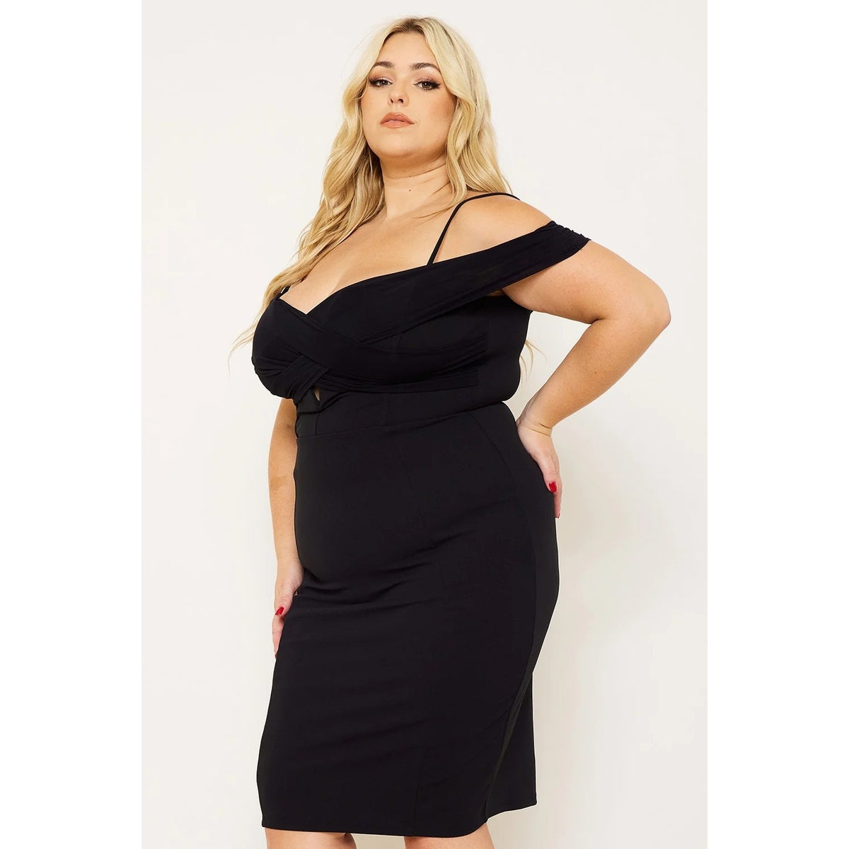 PLEATED DETAIL OPEN SHOULDER PLUS SIZE MINI DRESS SWEETHEART NECK