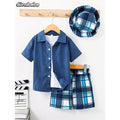 Baby's Plaid Pattern Summer Casual Outfit, Short Sleeve Golf Shirt & Shorts, Toddler & Infant Boy's Clothes, Outdoor