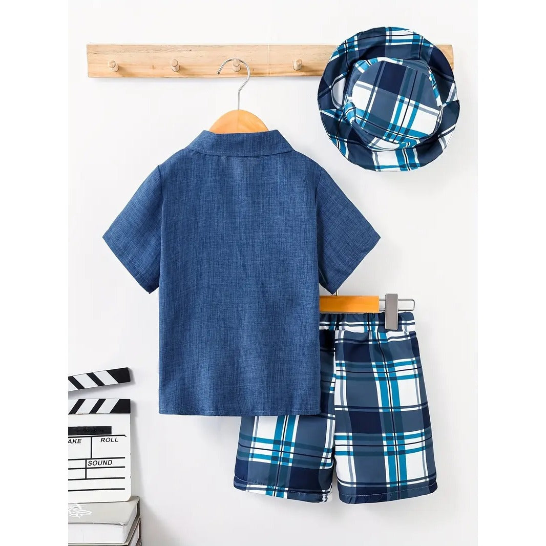Baby's Plaid Pattern Summer Casual Outfit, Short Sleeve Golf Shirt & Shorts, Toddler & Infant Boy's Clothes, Outdoor