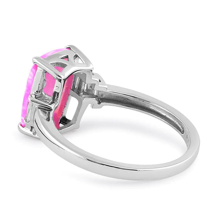 Sterling Silver Pink Lab Opal Rectangular Ring