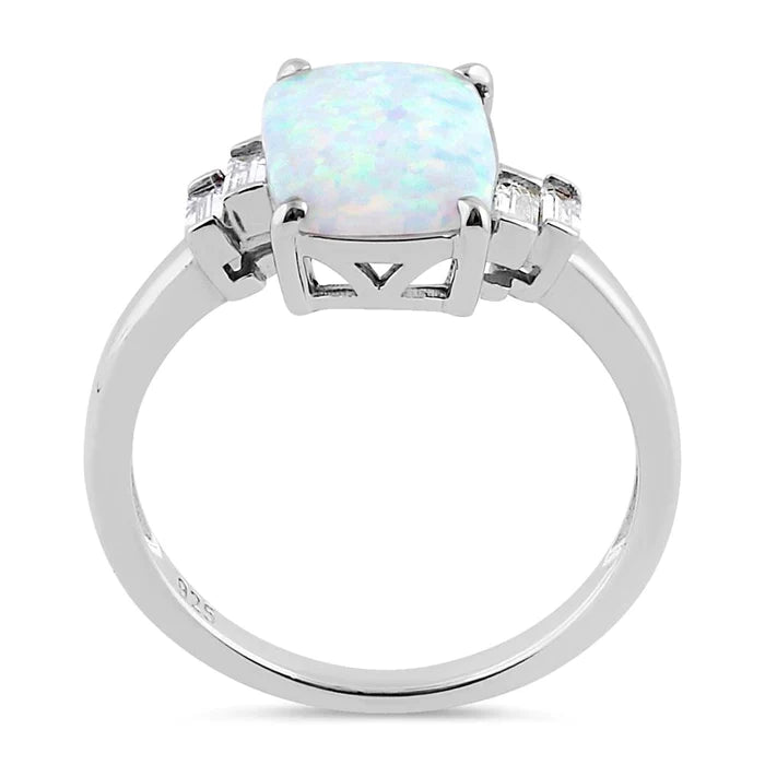 Sterling Silver White Lab Opal Rectangular Ring